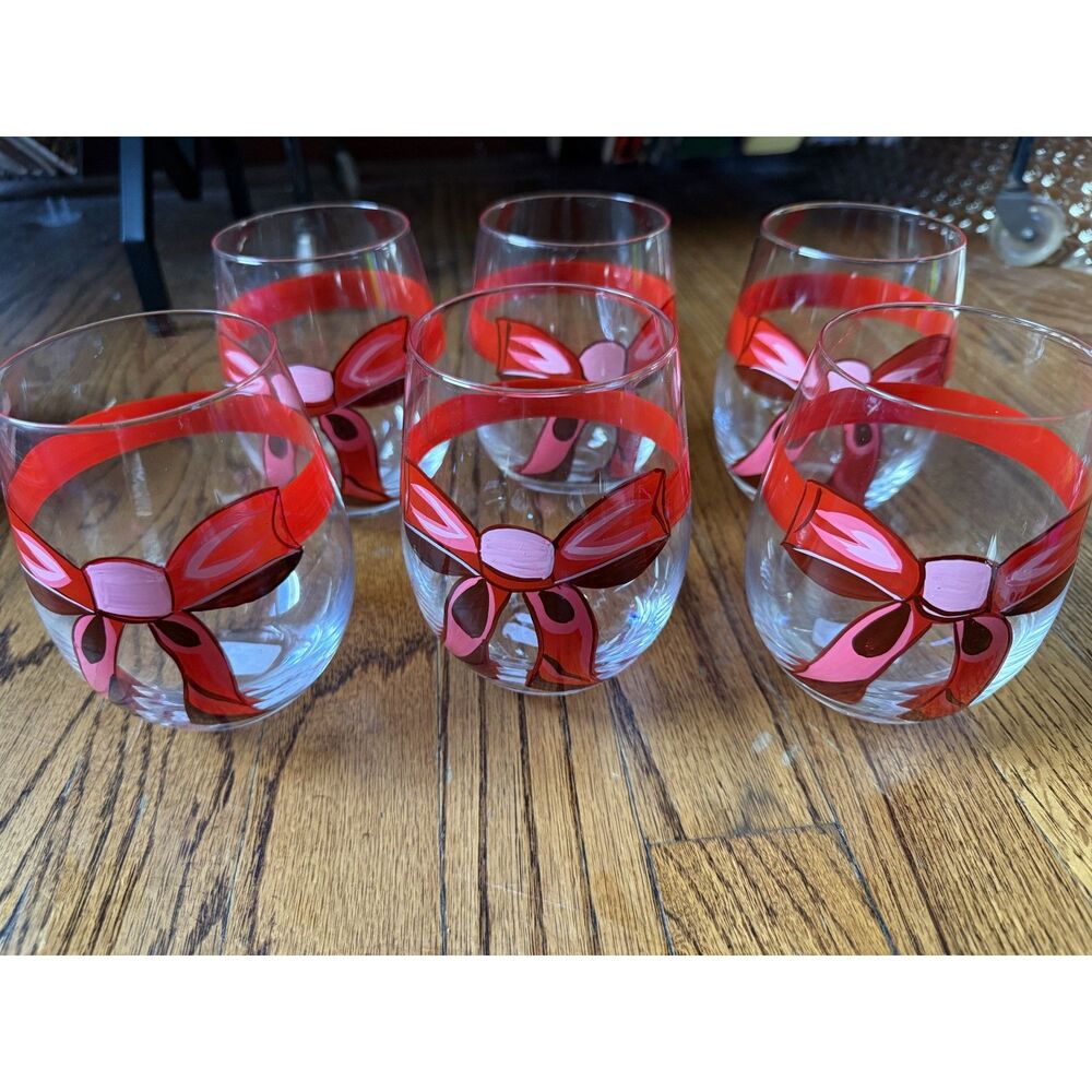 Hand Painted Holidays Red Bow Stemless Wine Glasses set of 6